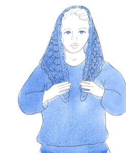 Herren bad mig att rita en bild av en kvinna som bär sin mantilla i kyrkan enligt gammal sed, 2004 (akvarell på papper) av Elizabeth Wang