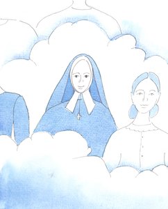 Herren visade mig den heliga Bernadette, som efter sitt korta och plågsamma liv nu är lyckligt lycklig i himlen tillsammans med de andra helgonen, 2005 (akvarell på papper) av Elizabeth Wang