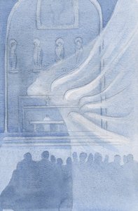 Änglarna avgudar Kristus i den heliga eukaristin, 2001 (w/c på papper) av Elizabeth Wang