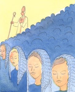 Att täcka och avtäcka huvudet är viktigt för Bishops, 2004 (w/c på papper) av Elizabeth Wang