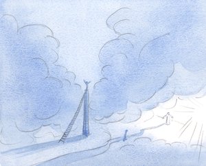 Den otåliga själen (Kristus visade mig) bygger ett högt torn, strävar efter ljus, istället för att stadigt följa den låga, smala vägen., 2001 (w/c på papper) av Elizabeth Wang