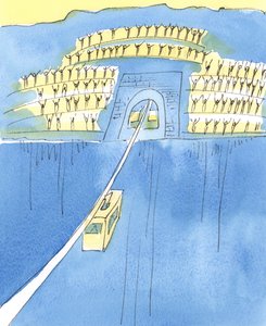 Resan från liv till död är som att vara på en linbana mellan två berg, 2004 (w/c på papper) av Elizabeth Wang