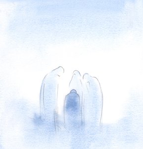 De heliga lutade sig framåt, i stor oro, som föräldrar som tröstar ett barn som har blivit skrämt av en dålig dröm., 2001 (w/c på papper) av Elizabeth Wang