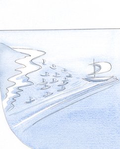 Själen som litar på Kristus är som ett skepp vars segel är fyllda av nådens vind, som drar andra i dess spår., 2001 (w/c på papper) av Elizabeth Wang