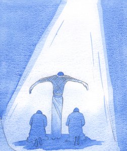 Den lidande Frälsaren står, med utsträckta armar, för att skydda ångerfulla människor; och Fadern ser kärleksfullt från himlen, på sin Son, 2002 (w/c på papper) av Elizabeth Wang