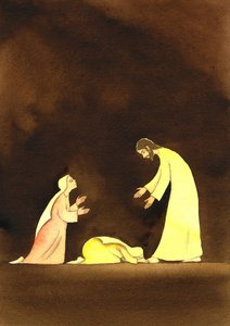 The two Marys with the Risen Christ, 2001 (w/c på papper) av Elizabeth Wang