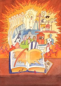 Hela den katolska tron finns i Missalet och firas i Liturgy, 2003 (w/c på papper) av Elizabeth Wang