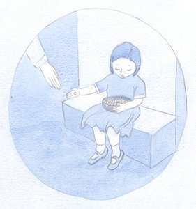 Detta är min nuvarande uppgift, jag lärde mig: Som ett barn som delar ut pärlor ur en korg, omedvetet om sitt stora värde, men ändå delar sin skönhet., 2001 (w/c på papper) av Elizabeth Wang
