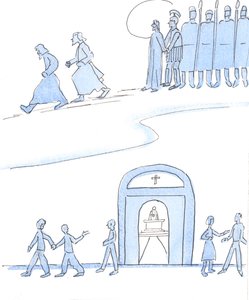 De Kristi vänner idag som inte orkar gå till mässan agerar som Kristi vänner för länge sedan, som rymde när Kristus arresterades och korsfästes., 2004 (w/c på papper) av Elizabeth Wang