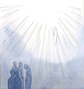 De som vägrar att omvända sig från allvarlig synd och dör, kan inte komma in i himlen; men de heliga själarna, som är öppna för Kristi barmhärtighet, kommer in i himlen när de väl har blivit renade., 2001 (w/c på papper) av Elizabeth Wang