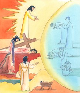 Genom bön, särskilt genom kyrkans liturgiska bönecykel, kan vi träda in i mysterierna i Kristi jordiska liv, 2005 (akvarell på papper) av Elizabeth Wang
