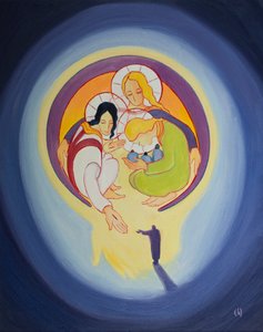 Genom omvändelse och tro på Kristus tillåter vi honom att dra oss in i hjärtat av den heliga treenigheten, 2001 (olja ombord) av Elizabeth Wang