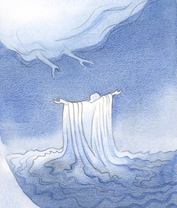 Genom Kristi blod tvättas vi och kläds i ett vitt plagg, redo att närma oss Fadern, 2001 (w/c på papper) av Elizabeth Wang
