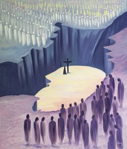 Genom mässan förenas vi med de heliga kring Kristi enda offer, 2001 (olja ombord) av Elizabeth Wang