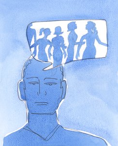 Att ständigt dröja vid pornografiska fantasier är som att leva i ett främmande land, fångad i självförglömmelse, undvika vardagens glädjeämnen och plikter och "undvika" gemenskap med vår allkärlekande Gud. 2004 (akvarell på papper) av Elizabeth Wang