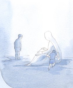 För att illustrera vårt förhållande till Mary såg jag ett litet barn som ryckte högljutt, men ändå fick tröst; det andra barnet, stolt och opålitligt, höll sig på avstånd, så saknade hennes hjälp., 2001 (w/c på papper) av Elizabeth Wang