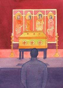 Vi har ett levande förhållande till de heliga som har dött, så vi borde prata med dem, 2003 (w/c på papper) av Elizabeth Wang