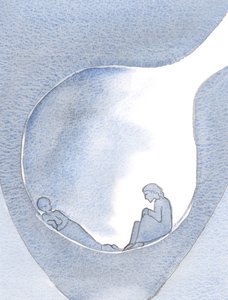 Vi behöver inte kämpa för att höja oss över vår smärta. Kristus är här, i mörkret, innerst inne i våra sorger, 2000 (w/c på papper) av Elizabeth Wang