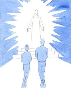 Vi måste granska våra liv för att se om Kristus verkligen "tronar" i våra hjärtan och hem, eller om den "gud" vi tjänar är våra egna önskningar och ambitioner, 2005 (akvarell på papper) av Elizabeth Wang
