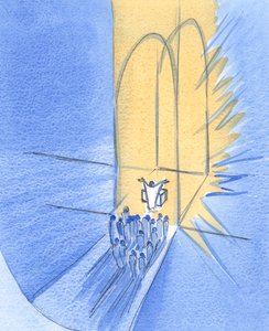 Vi som står framför altaret har blivit samlade här av Gud själv. Vi lever i hans härliga vänskap, Kristus mitt ibland oss, 2002 (w/c på papper) av Elizabeth Wang