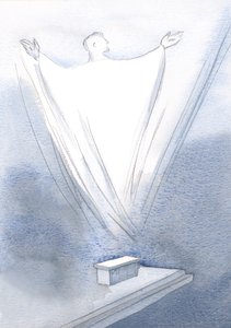Vilket enormt offer som stiger upp från vårt lilla altare, när Kristus ber vår enda bön, händerna utsträckta till Fadern, 2000 (w/c på papper) av Elizabeth Wang