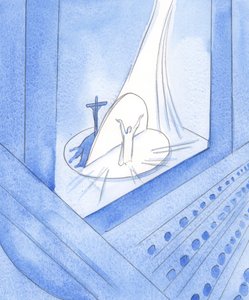 När Kristus verkligen är närvarande framför oss, i det heliga offret, är vi närvarande i hela hans liv, som är "i" honom nu, 2002 (w/c på papper) av Elizabeth Wang