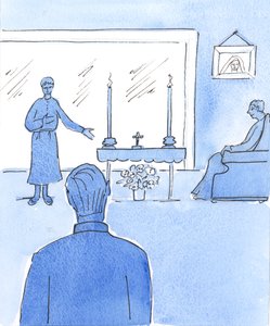 När Kristus "besöker de sjuka" genom det heliga sakramentet förs av en präst eller extraordinär nattvardsföreståndare till en sjuk person, 2004 (w/c på papper) av Elizabeth Wang