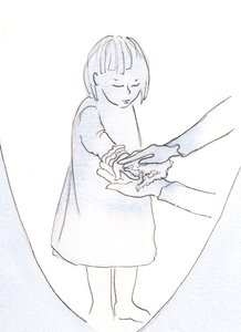 När Gud förlåter våra synder, är han lika öm som en mamma som går fram till sitt älskade barn och säger: "Strunt i, jag ska snart tvätta dessa märken av dina händer"., 2000 (w/c på papper) av Elizabeth Wang