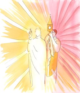 När en präst håller monstransen med den heliga värden och välsignar oss med den, välsignar Kristus själv oss, även om vi inte ser honom, 2003 (w/c på papper) av Elizabeth Wang