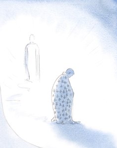 När en själ ger upp sina personliga ambitioner, för Kristi kärlek, ger Kristus till den den mantel den kommer att bära när den går mot Fadern., 2001 (w/c på papper) av Elizabeth Wang
