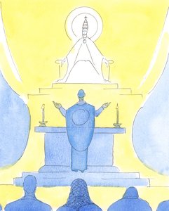 När präst och människor alla vänder sig åt samma håll vid mässan, ser de alla tillsammans, mot Fadern, för att prisa honom genom Kristus., 2004 (w/c på papper) av Elizabeth Wang