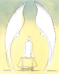 När det välsignade sakramentet förs till en sjuk persons hem, är det verkligen Kristus som är sakramentalt närvarande där, bevakad som alltid av änglarna som älskar och avgudar Honom., 2004 (w/c på papper) av Elizabeth Wang