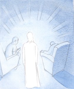 När två eller tre är samlade för att be i Jesu namn, är han där mellan dem, 2000 (w/c på papper) av Elizabeth Wang