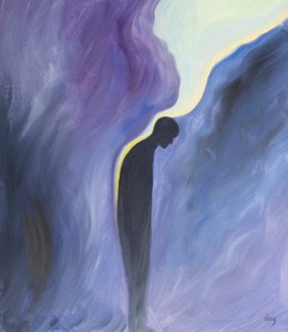 När vi ber Vår Fru att be för skärseldens själar, gör hon det, och Guds renande nåd hälls över dem som en lugnande balsam, 2001 (olja ombord) av Elizabeth Wang