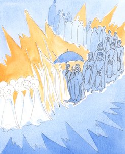 Närhelst vi hedrar Jesu närvaro i det heliga sakramentet ansluter änglarna och helgonen oss i vår tillbedjan, 2004 (w/c på papper) av Elizabeth Wang