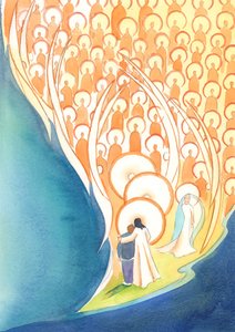 Närhelst vi ber i Jesu namn, även i mörker eller ensamhet, delar vi livet för hela himlens sällskap, 2004 (w/c på papper) av Elizabeth Wang