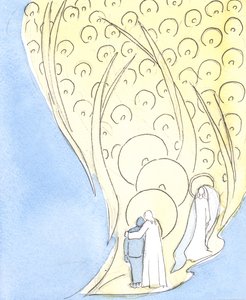 Närhelst vi ber i Jesu namn, även i mörker eller ensamhet, delar vi livet för hela himlens sällskap, 2004 (w/c på papper) av Elizabeth Wang
