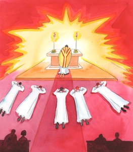 Där familjer är trogna kyrkans lära, av kärlek till Kristus och hans präster, fungerar de som en grogrund för kallelser till prästämbetet och det religiösa livet, 2005 (akvarell på papper) av Elizabeth Wang