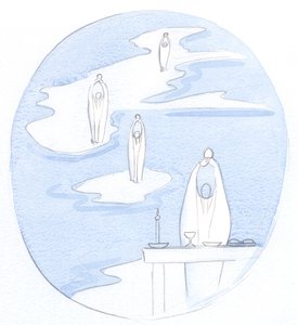 Varhelst en katolsk präst frambär det heliga mässoffret, finns Jesus Kristus, närvarande med sitt folk, 2000 (w/c på papper) av Elizabeth Wang
