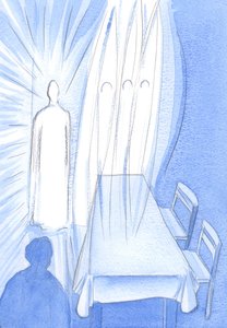 Med sina heliga änglar tittar Kristus beundrande på när vi ber; Han döljer sin kärlek när han hjälper oss att växa i tro, 2002 (w/c på papper) av Elizabeth Wang