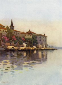 En grå morgon, Lago Maggiore (färg litho) av Ella Du Cane