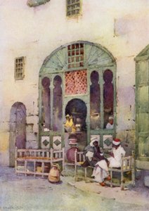 Ett arabiskt kafé, Kairo (färg litho) av Ella Du Cane