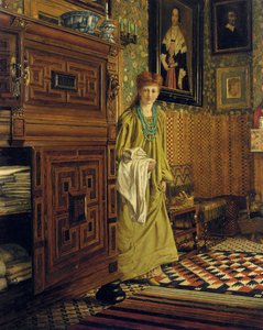 Porträtt av Laura, Lady Alma-Tadema, förmodligen på väg in i det holländska rummet i Townshend House, Regent