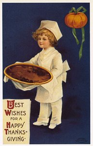 Thanksgiving: gratulationskort med ett barn utklädd till en kock som presenterar den traditionella rätten