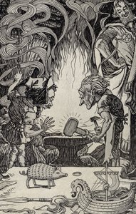 The Third Gift an Enormous Hammer, illustration från Myths from Many Lands, publicerad 1912