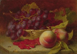 Ett stilleben av röda vinbär, persikor och vindruvor i en korg (olja)