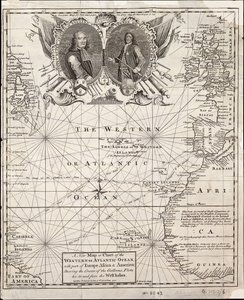 En ny karta eller ett nytt sjökort över västra oceanen eller Atlanten med delar av Europa, Afrika och Amerika: som visar galärernas färd till och från Västindien