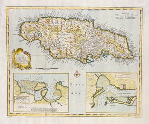 Karta över ön Jamaica, uppdelad i dess huvudförsamlingar ca 1760 (handfärgad gravyr)