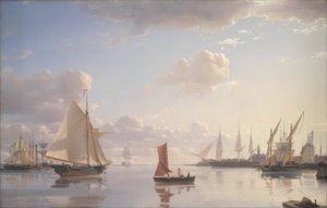 Utsikt från Langelinie mot Royal Naval Dockyards i Nyholm, Köpenhamn. Morgonljus