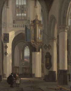 Interiör av en protestantisk gotisk kyrka med motiv från Oude och Nieuwe Kerk i Amsterdam av Emanuel de Witte